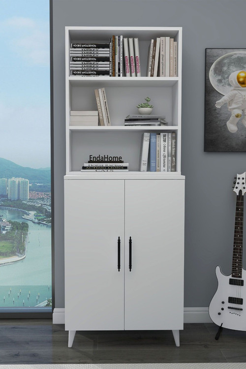 Alara 2 Kapaklı 6 Raflı Kitaplık Salon Ofis Ders Çalışma Çocuk Odası Çok Amaçlı Dolap - Beyaz 65X29,7 Cm