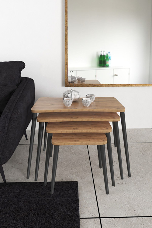 Sinem 4lü Zigon Sehpa Yan Sehpa Ahşap Siyah Ayaklı Salon Seti Çay Sehpası 75x40 cm