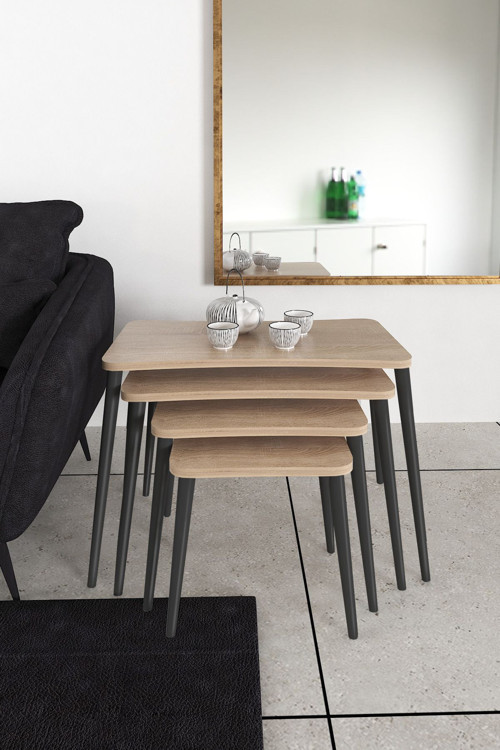 Sinem 4lü Zigon Sehpa Yan Sehpa Ahşap Siyah Ayaklı Salon Seti Çay Sehpası 75x40 cm