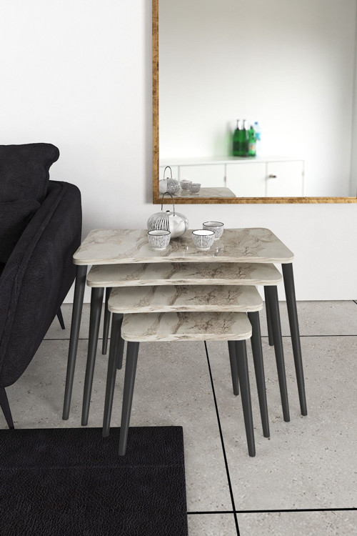 Sinem 4lü Zigon Sehpa Yan Sehpa Ahşap Siyah Ayaklı Salon Seti Çay Sehpası 75x40 cm