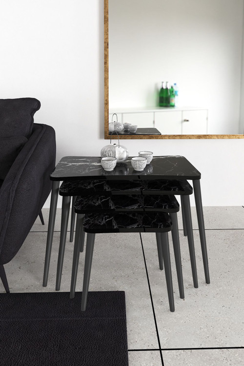 Sinem 4lü Zigon Sehpa Yan Sehpa Ahşap Siyah Ayaklı Salon Seti Çay Sehpası 75x40 cm