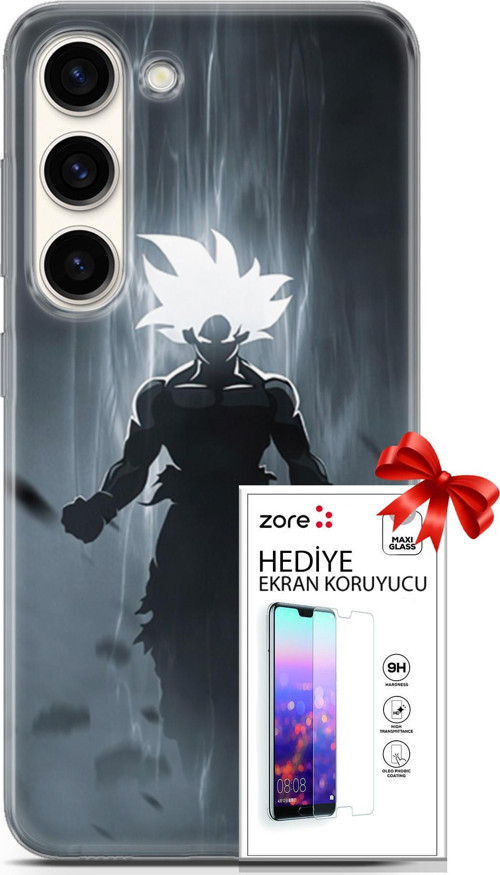 Samsung Galaxy S23 Kılıf Orijinal Seri Supers 27 Dark Goku Lazer Kesim Silikon Ekran Koruyucu
