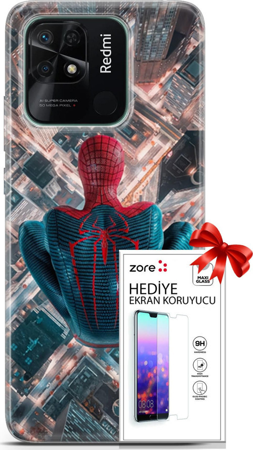 Xiaomi Redmi 10C Kılıf Orijinal Seri Supers 07 Spider Man Newyork Desenli Kılıf + Ön Ekran Koruyucu