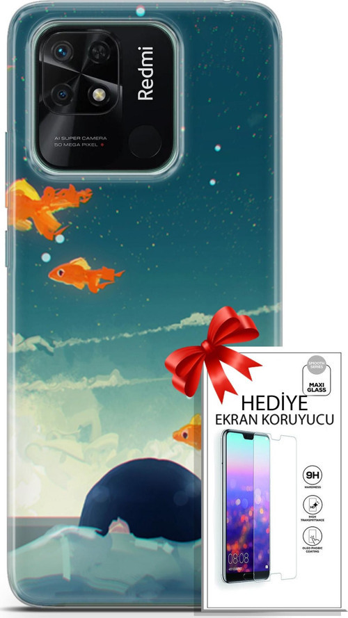 Xiaomi Redmi 10C Kılıf Orijinal Seri Algorand 29 Uçan Balıklar Leke Tutmaz Kapak + Ekran Koruyucu