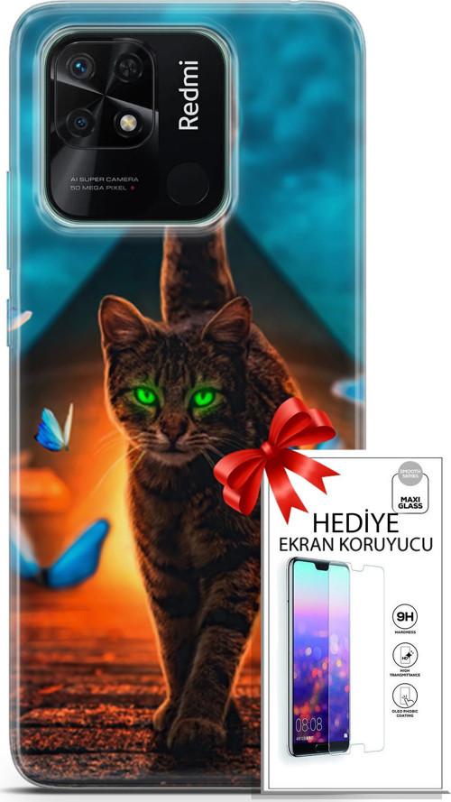 Xiaomi Redmi 10C Kılıf Orijinal Seri Algorand 09 Yeşil Neon Kedi Uv Kılıf Ve Ekran Koruyucu