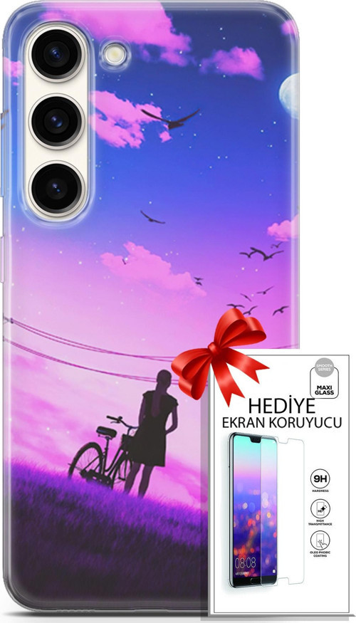 Samsung Galaxy S23 Kılıf Orijinal Seri Algorand 28 Bisikletli Kız İz Bırakmayan Kılıf + Ön Ekran Koruyucu