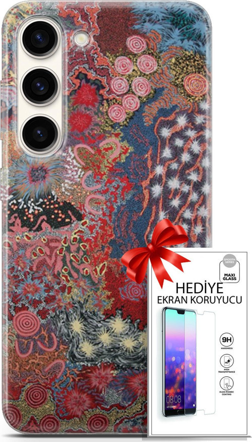 Samsung Galaxy S23 Kılıf Orijinal Seri Cardano 07 Suluboya Desenli Kılıf + Ön Ekran Koruyucu