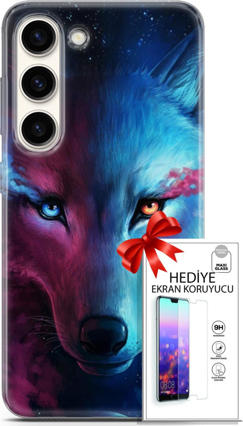Samsung Galaxy S23 Kılıf Orijinal Seri Cardano 18 Mavi Turuncu Göz Parlak Kılıf + Ekran Koruyucu Ful