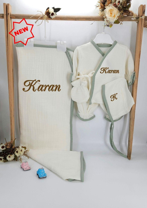 Yeni Doğan Burümcük Müslin Kumaş %100Pamuk 5’li Hastane Çıkış Seti(Kişiye Özgü İsimli Nakış Desenli)
