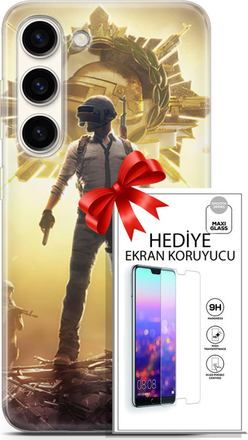 Samsung Galaxy S23 Kılıf Orijinal Seri Pubg 08 Kasklı Baskılı Kılıf + Ekran Koruyucu