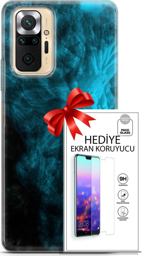Xiaomi Redmi Note 10S Kılıf Orijinal Seri Nature 15 Mavi Taşlar Kalın Silikon + Ekran Koruyucu