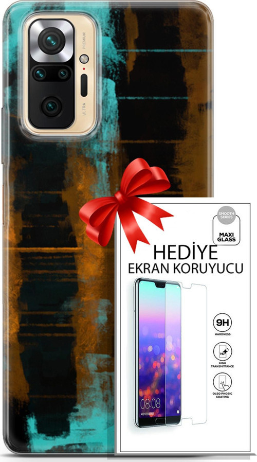 Xiaomi Redmi Note 10S Kılıf Orijinal Seri Nature 05 Turkuaz Siyah Koruma Kılıfı + Ekran Koruyucu