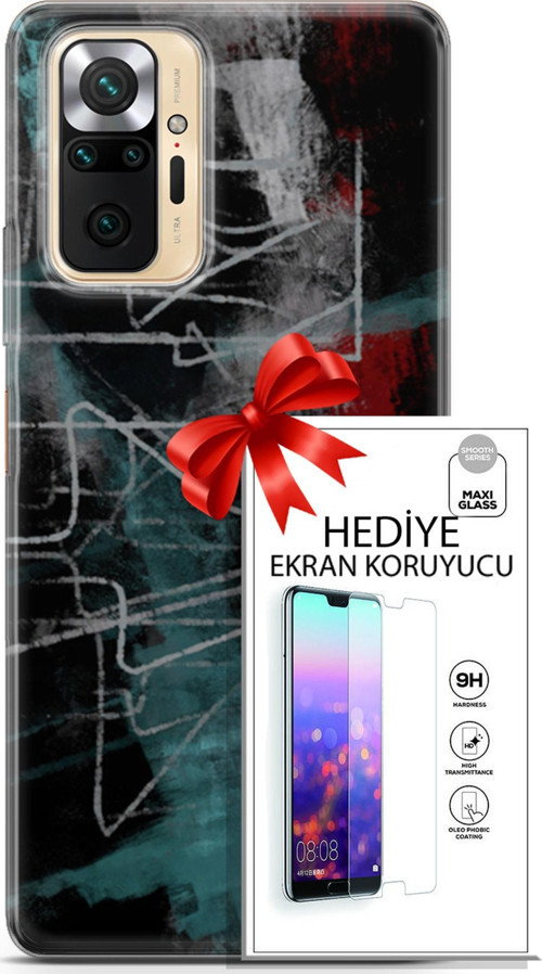 Xiaomi Redmi Note 10S Kılıf Orijinal Seri Nature 07 Gri Çizgiler Desenli Kılıf + Ön Ekran Koruyucu