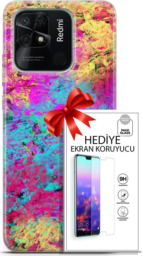 Xiaomi Redmi 10C Kılıf Orijinal Seri Nature 29 Çok Renkli Leke Tutmaz Kapak + Ekran Koruyucu