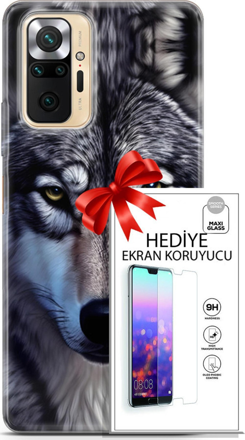 Xiaomi Redmi Note 10S Kılıf Orijinal Seri Dogs 07 Kurt Yüz Desenli Kılıf + Ön Ekran Koruyucu