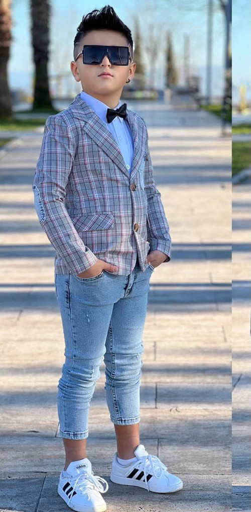 Erkek Çocuk Kırmızı Çizgili Blazer Ceket Kot Pantolon Alt Üst Takım
