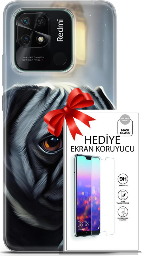 Xiaomi Redmi 10C Kılıf Orijinal Seri Dogs 30 Pug Kenarları Şeffaf Kapak Ve Ekran Koruyucu