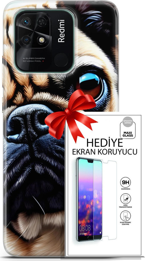 Xiaomi Redmi 10C Kılıf Orijinal Seri Dogs 08 Pug Baskılı Kılıf + Ekran Koruyucu
