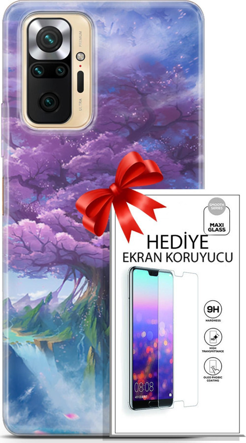 Xiaomi Redmi Note 10S Kılıf Orijinal Seri Fantasy 27 Bahar Ağaç Lazer Kesim Silikon Ekran Koruyucu