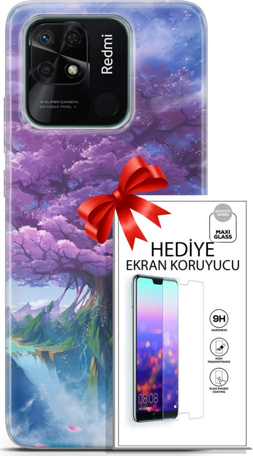 Xiaomi Redmi 10C Kılıf Orijinal Seri Fantasy 27 Bahar Ağaç Lazer Kesim Silikon Ekran Koruyucu