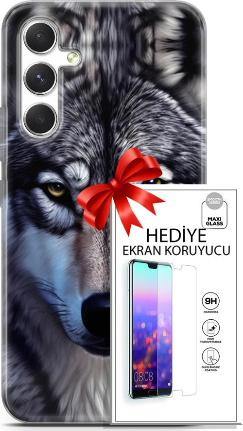 Samsung Galaxy A54 5G Kılıf Orijinal Seri Dogs 07 Kurt Yüz Desenli Kılıf + Ön Ekran Koruyucu