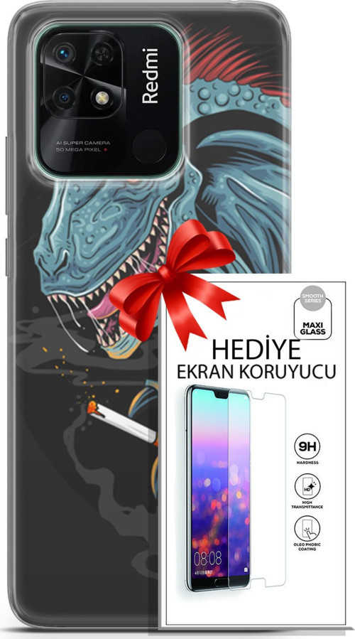 Xiaomi Redmi 10C Kılıf Orijinal Seri Punky 19 Dinozor Punk Tam Koruma Kılıf + Ekran Koruyucu