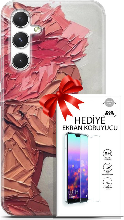 Samsung Galaxy A54 5G Kılıf Orijinal Seri Soul 08 Pembe Baskılı Kılıf + Ekran Koruyucu