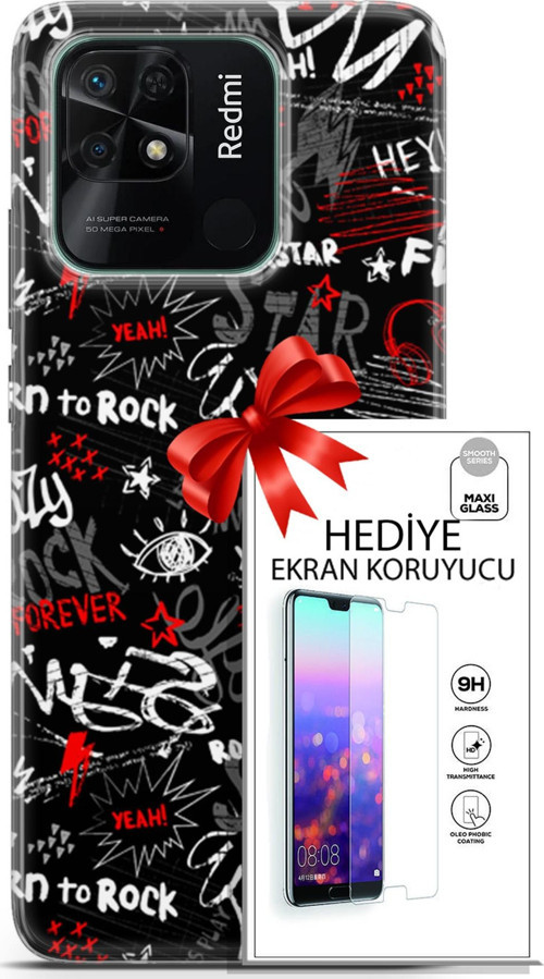 Xiaomi Redmi 10C Kılıf Orijinal Seri Punky 25 Yeah Rock Soyulmayan Kılıf + Ekran Koruyucu Full Koruma