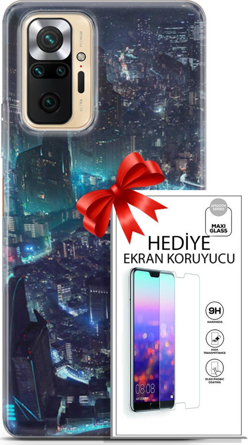 Xiaomi Redmi Note 10S Kılıf Orijinal Seri Cyberpunk 17 Işıklı Şehir Yumuşak Kılıf + Ekran Koruyucu