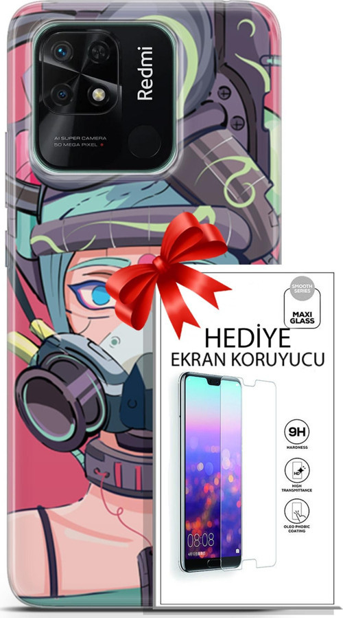 Xiaomi Redmi 10C Kılıf Orijinal Seri Cyberpunk 06 Gaz Maskesi Koruyucu Kapak Ekran Koruyucu