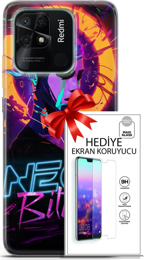 Xiaomi Redmi 10C Kılıf Orijinal Seri Cyberpunk 25 Neon Soyulmayan Kılıf + Ekran Koruyucu Full Koruma