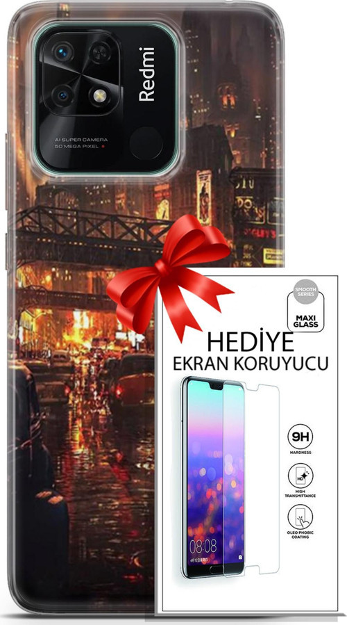Xiaomi Redmi 10C Kılıf Orijinal Seri Cyberpunk 23 Gökdelenler Telefon Kabı Ve Ekran Koruyucu
