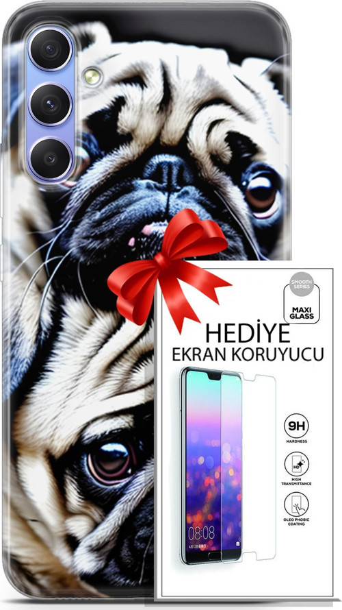 Samsung Galaxy A34 5G Kılıf Orijinal Seri Dogs 20 İkili Pug Renkli Kılıf Ekran Koruyucu