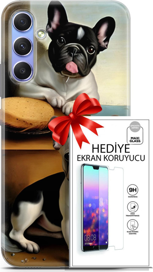 Samsung Galaxy A34 5G Kılıf Orijinal Seri Dogs 28 Fransız Bulldog İz Bırakmayan Kılıf + Ön Ekran Koruyucu