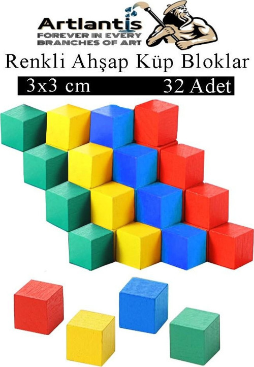 Renkli Ahşap Küp Bloklar 3x3x3 cm 32 Adet Ahşap Renkli Kare Blok Eğitici Geliştirici Oyuncak Küp Matematik Birim Küpleri