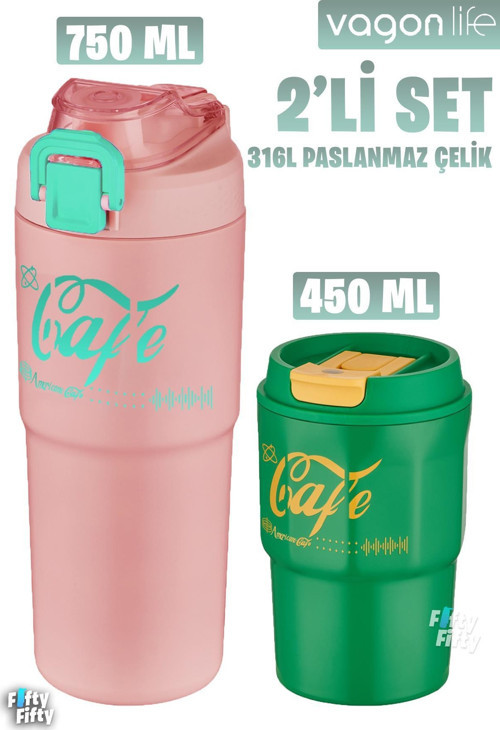 2'li Çelik Termos-Kahve Bardağı Seti 750ML Çift Kullanım Termos//450ML Mug Kahve Bardağı