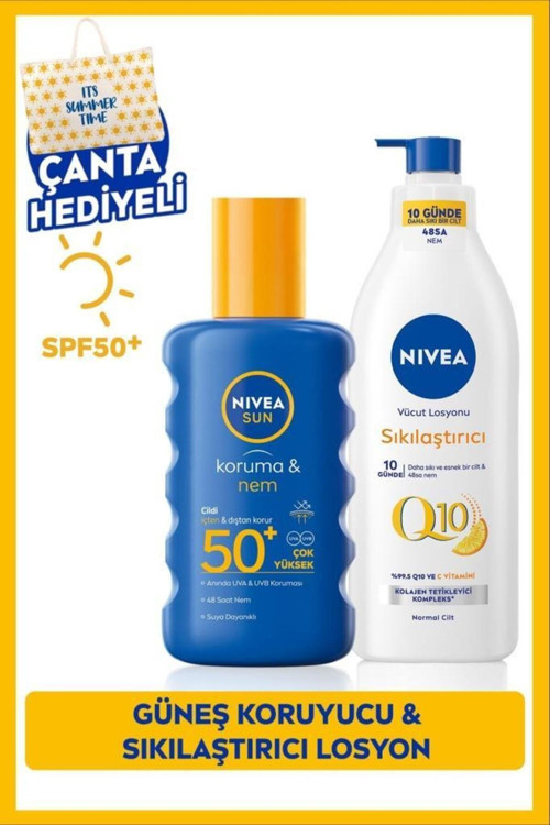 Sun Güneş Koruyucu Vücut Spreyi 200ml Spf50 Ve Q10 Sıkılaştırıcı Vücut Losyonu 400ml, Çanta Hediye