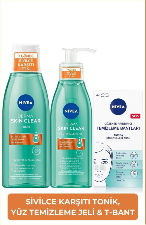 Derma Skin Clear Sivilce Karşıtı Yüz Temizleme Jeli 150ml, Tonik 200ml, T-Bölgesi Burun Bandı