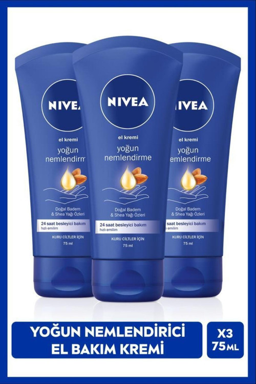 Yoğun Nemlendirici ve Besleyici El Bakım Kremi 75ml, Doğal Badem, Shea Yağı Özü, Kuru Cilt, X3 Adet