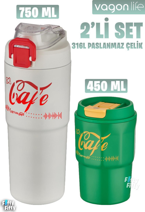 2'li Çelik Termos-Kahve Bardağı Seti 750ML Çift Kullanım Termos//450ML Mug Kahve Bardağı