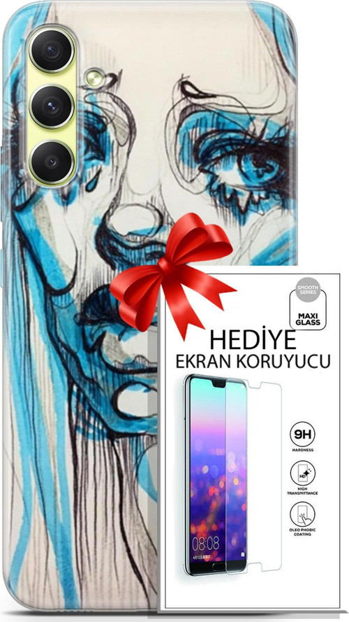 Samsung Galaxy A34 5G Kılıf Orijinal Seri Soul 26 Hüzünlü Yüz Soft Kapak + Ekran Koruyucu