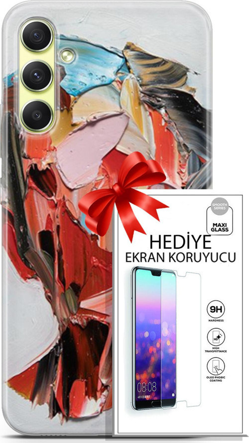 Samsung Galaxy A34 5G Kılıf Orijinal Seri Soul 09 Pembe Kırmızı Mavi Uv Kılıf Ve Ekran Koruyucu