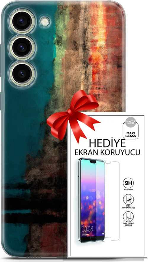 Samsung Galaxy S23 Plus Kılıf Orijinal Seri Nature 03 Yeşil Turuncu Taş Arka Kapak + Ekran Koruyucu
