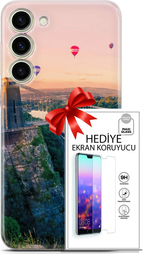 Samsung Galaxy S23 Plus Kılıf Orijinal Seri Fantasy 07 Köprü Balonlar Desenli Kılıf + Ön Ekran Koruyucu