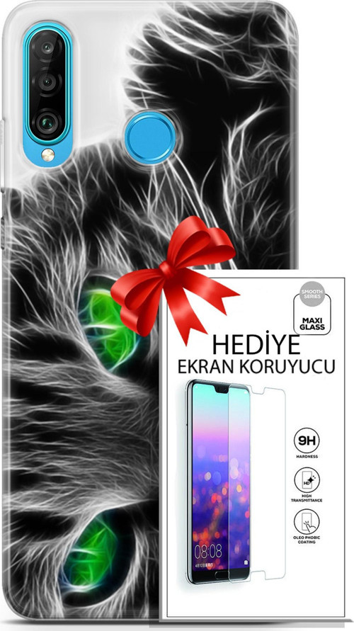 Huawei P30 Lite Kılıf Orijinal Seri Scotish-British 27 Yeşil Gözlü Kedi Lazer Kesim Silikon Ekran Koruyucu
