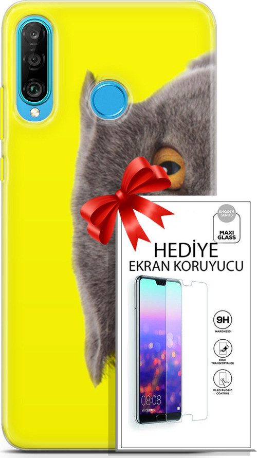 Huawei P30 Lite Kılıf Orijinal Seri Scotish-British 01 Scottish Fold Telefon Kılıfı + Ekran Koruyucu
