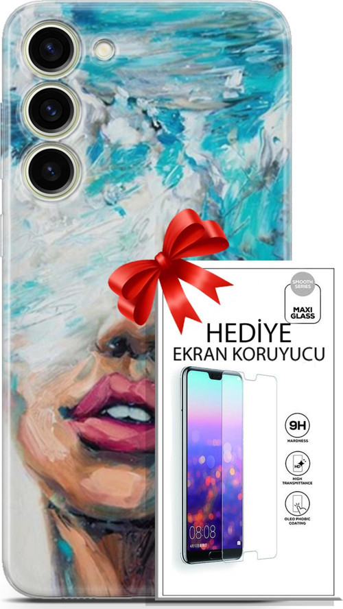 Samsung Galaxy S23 Plus Kılıf Orijinal Seri Soul 12 Beyaz Mavi Tasarım Kılıf + Ekran Koruyucu