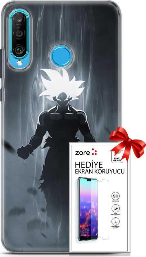 Huawei P30 Lite Kılıf Orijinal Seri Supers 27 Dark Goku Lazer Kesim Silikon Ekran Koruyucu