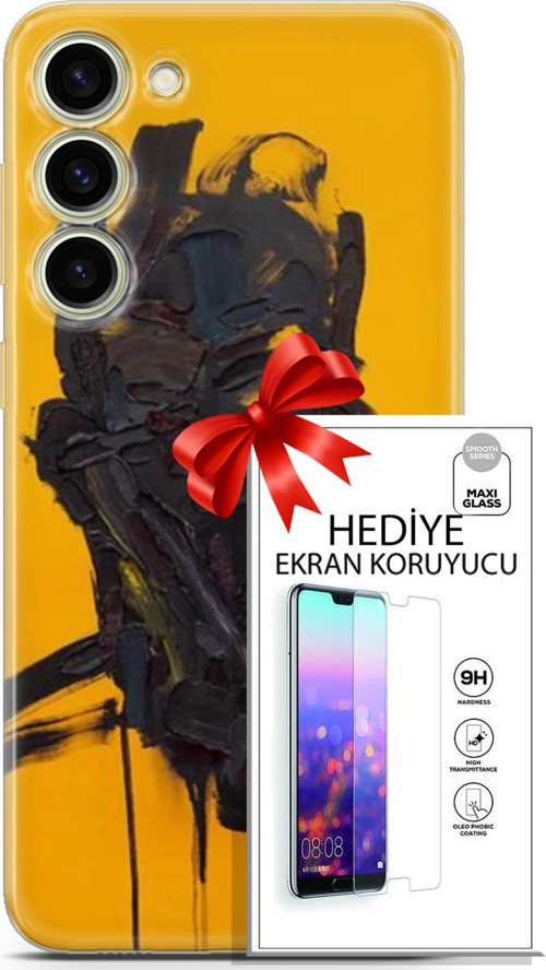 Samsung Galaxy S23 Plus Kılıf Orijinal Seri Soul 07 Sarı Siyah Desenli Kılıf + Ön Ekran Koruyucu