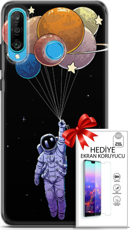 Huawei P30 Lite Kılıf Orijinal Seri Algorand 07 Uçan Balon Astronot Desenli Kılıf + Ön Ekran Koruyucu